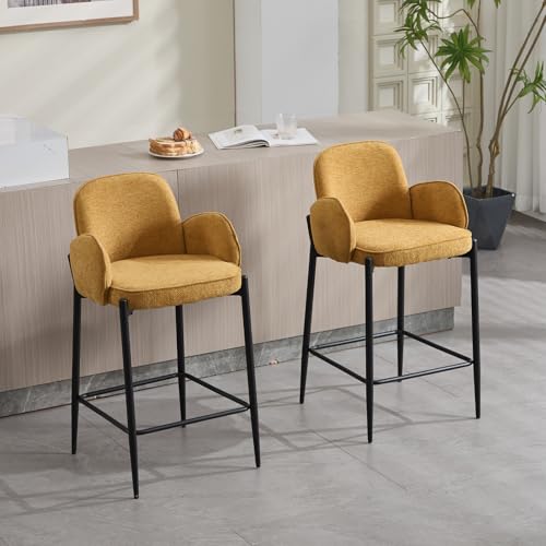 DAYALANE Barhocker 2er Set, Moderne Barstuhl mit Metallfüßen Dickes Sitzpolster aus Chenille, Bar Stool mit Doppelschichtige Rückenlehne für Theke Küche Bistro Café Esszimmer, Gelb von DAYALANE
