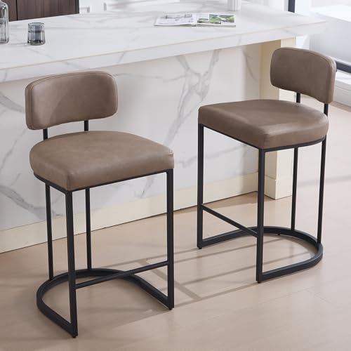 DAYALANE Barhocker 2er Set, Moderne Barstuhl mit Metallfüßen Dickes Sitzpolster aus PU Kunstleder, Küchenhocker Bar Stool mit Rückenlehne für Theke Küche Bistro Café Esszimmer, Khaki von DAYALANE