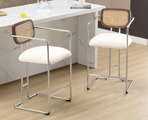 DAYALANE Barhocker 2er Set, Retro Barstühle mit Rattan Rückenlehne Gepolsterte Küchenhocker mit Metallgestell aus Kunstfell, für Theke Küche Bistro Café Esszimmer, Weiß von DAYALANE