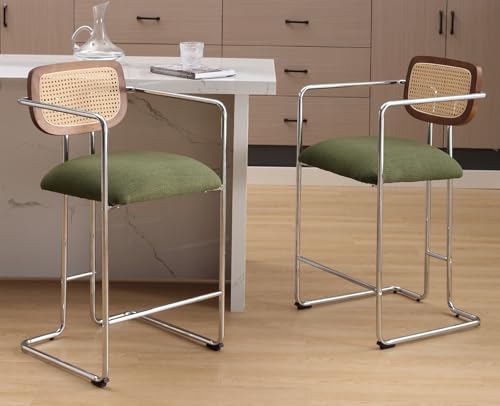 DAYALANE Barhocker 2er Set, Retro Barstühle mit Rattan Rückenlehne Gepolsterte Küchenhocker mit Metallgestell aus Leinen, für Theke Küche Bistro Café Esszimmer, Grün von DAYALANE