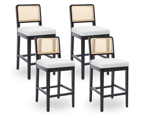 DAYALANE Barhocker 4er Set, Barstühle Küchenstühle mit Rattan Rückenlehne, Hochstuhl mit Holzbeinen aus Leinen, Moderner Bar Stool für Theke Küche Bistro Café Esszimmer, Beige von DAYALANE
