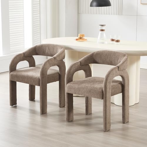 DAYALANE Barrel Esszimmerstühle 2er Set, Moderner Küchenstuhl Polsterstuhl mit Gebogene Rückenlehne aus Chenille, Wohnzimmerstuhl mit Holzbeinen für Esszimmer Wohnzimmer Küche Schlafzimmer, Braun von DAYALANE