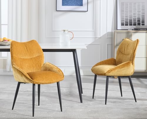DAYALANE Esszimmerstühle 2er Set, Küchenstühle mit Armlehne Metallbeine Polsterstuhl aus Chenille, Modern Sessel für Esszimmer Küche Wohnzimmer Schlafzimmer, Gelb von DAYALANE