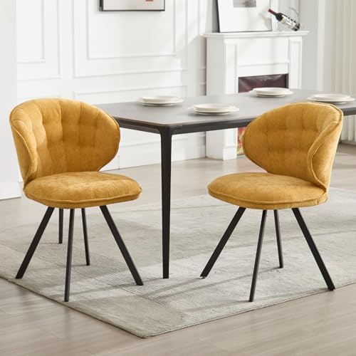 DAYALANE Esszimmerstühle 2er Set, Küchenstuhl Polsterstuhl mit Metallbeine aus Chenille, Gebogene Rückenlehne Wohnzimmerstuhl für Esszimmer Wohnzimmer Küche Schlafzimmer, Gelb von DAYALANE