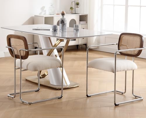 DAYALANE Esszimmerstühle 2er Set, Retro Küchenstühle mit Rattan Rückenlehne Gepolsterte Essstühle mit Metallgestell aus Kunstfell, für Esszimmer Wohnzimmer Küche Schlafzimmer Lounge, Weiß von DAYALANE