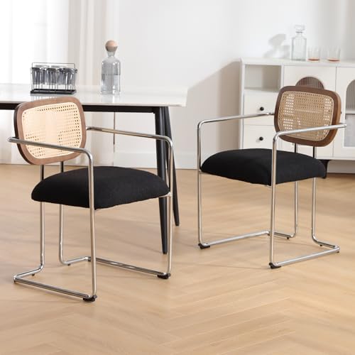 DAYALANE Esszimmerstühle 2er Set, Retro Küchenstühle mit Rattan Rückenlehne Gepolsterte Essstühle mit Metallgestell aus Kunstfell, für Esszimmer Wohnzimmer Küche Schlafzimmer​Lounge, Schwarz von DAYALANE