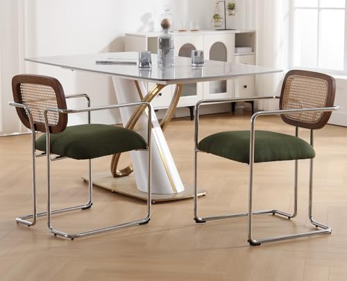 DAYALANE Esszimmerstühle 2er Set, Retro Küchenstühle mit Rattan Rückenlehne Gepolsterte Essstühle mit Metallgestell aus Leinen, für Esszimmer Wohnzimmer Küche Schlafzimmer​Lounge, Grün von DAYALANE