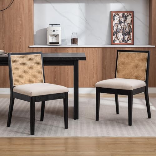 DAYALANE Esszimmerstühle 2er Set, Stühle mit Rattan Rückenlehne Essstühle aus Leinen Sitzfläche, Massivholz Küchenstühle Skandinavischer Stil für Esszimmer/Restaurant, Schwarz von DAYALANE