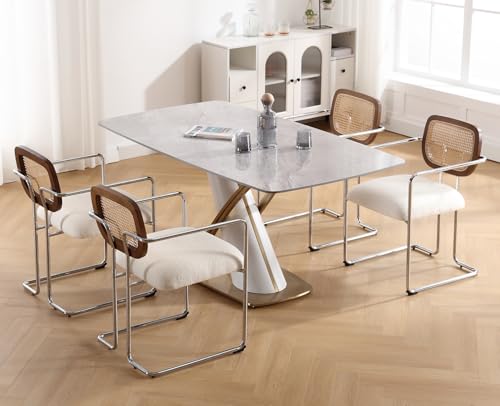 DAYALANE Esszimmerstühle 4er Set, Retro Küchenstühle mit Rattan Rückenlehne Gepolsterte Essstühle mit Metallgestell aus Kunstfell, für Esszimmer Wohnzimmer Küche Schlafzimmer Lounge, Weiß von DAYALANE