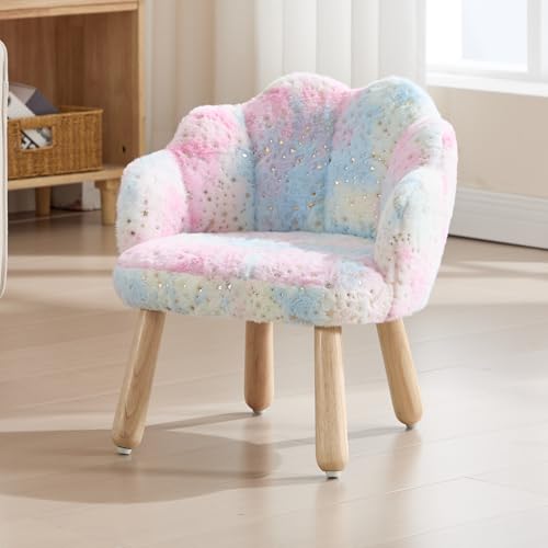 DAYALANE Kunstfell Kindersessel, Kinderstuhl Kindercouch Mini Sessel mit Blütenförmige Rückenlehne Holzbeinen, Kindersofa mit Armlehne für Kinderzimmer Spielzimmer, Regenbogen Rosa​ von DAYALANE