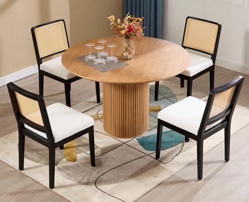 DAYALANE Modern Esszimmerstühle 4er Set mit Rattan Rückenlehne, Küchenstühle mit Holzbeinen aus Leinen, Polsterstuhl Essstühle für Esszimmer Wohnzimmer Küche Schlafzimmer, Beige von DAYALANE