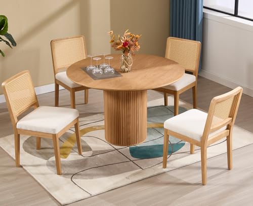 DAYALANE Modern Esszimmerstühle 4er Set mit Rattan Rückenlehne, Küchenstühle mit Holzbeinen aus Leinen, Polsterstuhl Essstühle für Esszimmer Wohnzimmer Küche Schlafzimmer, Weiß von DAYALANE