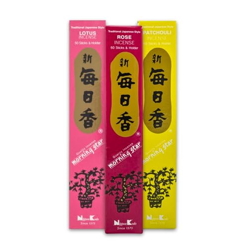 3 x Nippon Kodo Morning Star Japanische Räucherstäbchen Set mit Halter | 3x50 Sticks (Patchouli Rose Lotus) | Natürliche Düfte für Meditation und Yoga von DAYASA