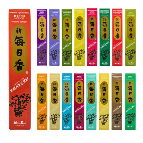 Morning Star Räucherstäbchen Set | Alle Düfte 17 x 50 Sticks | Japanische Räucherstäbchen Nippon Kodo ohne Holzkern für intensiven Duft, 850 Sticks mit Halterung von DAYASA