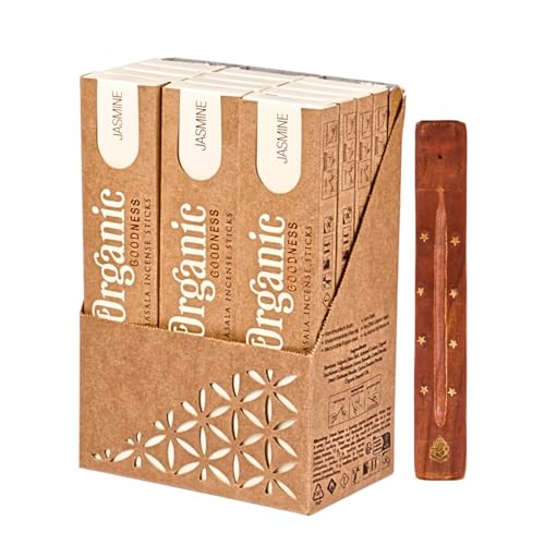 Organic Masala Indische Räucherstäbchen Set - 12 x Jasmin - Big Box mit Räucherstäbchenhalter aus Holz und Duftproben - Song of India von DAYASA