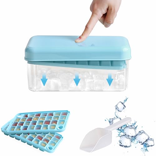 Eiswürfelschale mit Deckel Eiswürfelschale Gefrierschrank Eiswürfelbereiter mit Behälter 60 Ice Cube Trays einfach zu lösende Eiswürfelschalen (2 Ebenen, 1 Eiskübel und Schaufel) Blau von DAYHAP