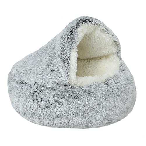 Plüsch-Katzenbett für Hauskatzen, Katzenschlafsack mit Kapuze, Hundehöhlenbett, großes, gemütliches, wärmendes, waschbares, rutschfestes Haustiernest,Gray-70cm von DAYKETNE