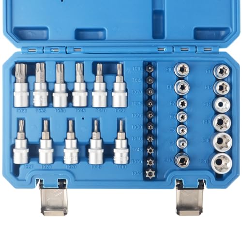 DAYUAN 34tlg Innen Außen Torx Steckschlüssel und S2 Bit Satz Sechskant, E4-E20 Nuss, T10-T60 Torxsatz, Stecknüsse Biteinsätze Steckschlüsseleinsätze von DAYUAN