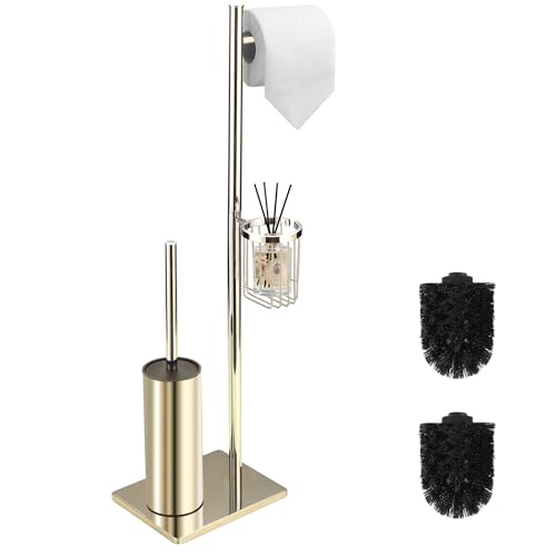 DAZI Klobürste mit Toilettenpapierhalter Set und praktischem Aufbewahrungskorb, WC-Bürste freistehend Edelstahl, 3-in-1 Wc-Garnitur im minimalistischen und platzsparenden Design (Gold) von DAZI