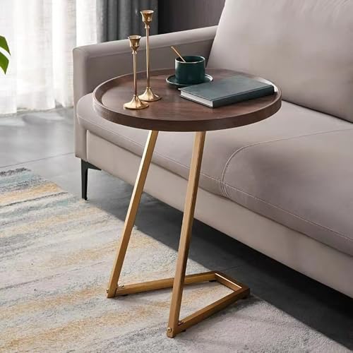 DAZSIAZ C-förmiger Runder Couchtisch, Mehrzweck-Couch-Beistelltisch, Einfaches Modernes Ablagefach mit Metallrahmen, Platzsparend, für Wohnzimmer, Schlafzimmer, Badezimmer, Balkon(Gold-Brown,40cm) von DAZSIAZ