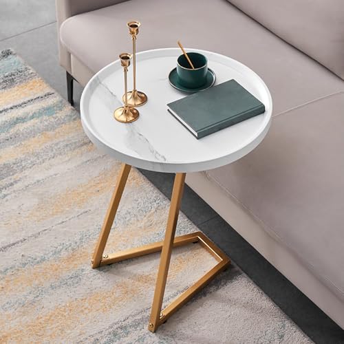 DAZSIAZ C-förmiger Runder Couchtisch, Mehrzweck-Couch-Beistelltisch, Einfaches Modernes Ablagefach mit Metallrahmen, Platzsparend, für Wohnzimmer, Schlafzimmer, Badezimmer, Balkon(Gold-White,40cm) von DAZSIAZ