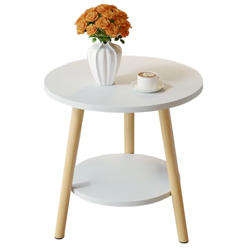 DAZSIAZ Kleiner Runder Couchtisch mit 2 Ebenen, Sofa-Beistelltisch mit 2-lagigem Lagerregal, Mid-Century Modern-Dekor, für Kleinen Wohnzimmerbalkon(White,60x52cm) von DAZSIAZ
