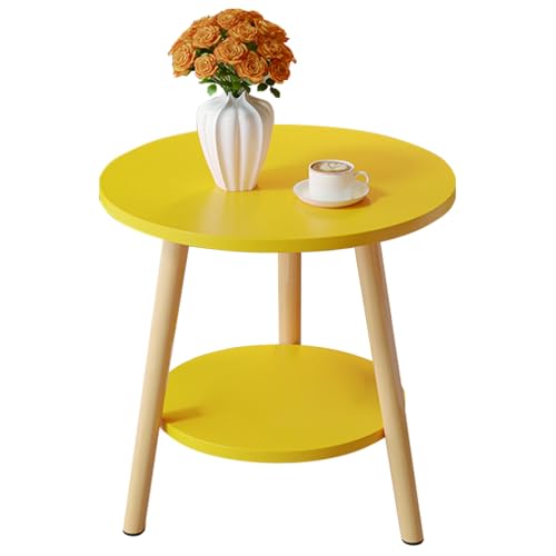 DAZSIAZ Kleiner Runder Couchtisch mit 2 Ebenen, Sofa-Beistelltisch mit 2-lagigem Lagerregal, Mid-Century Modern-Dekor, für Kleinen Wohnzimmerbalkon(Yellow,60x60cm) von DAZSIAZ
