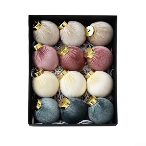 DAZZLEEX 12 Stück beflockte Weihnachtsbaumkugeln zum Aufhängen, gemischte Farben, weicher Stoff und Kunststoff, Ornamente für Weihnachtsbaumkränze, saisonale Heimdekoration (A) von DAZZLEEX