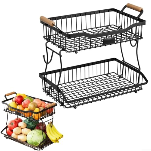 DAZZLEEX 2-stöckiger Obst- und Gemüsekorb, Snack-Display, Küchen-Organizer, Ständer mit Bananenhaken, für Küche, Speisekammer, 41 x 24 x 32 cm (schwarz) von DAZZLEEX