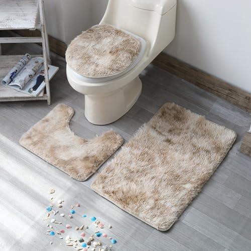 DAZZLEEX 3-teiliges Badematten-Set, rutschfeste Badematten und WC-Vorleger, Badezimmerteppich-Set, Matte mit WC-Deckelbezug (Khaki) von DAZZLEEX