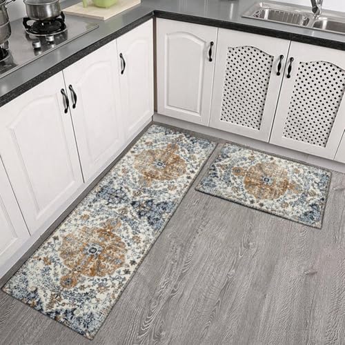 DAZZLEEX Gepolsterter Küchenteppich, 2er-Set, mit rutschfester Unterseite, wasserdicht für komfortables Kochen, Blau von DAZZLEEX