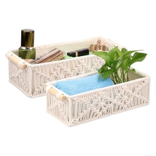 DAZZLEEX Set mit 2 handgewebten Makramee-Aufbewahrungskörben mit Holzgriffen, Baumwoll-Organizer-Behälter für Küche, Wohnzimmer, Schlafzimmer oder Badezimmer, weiße dekorative Behälter (beige) von DAZZLEEX