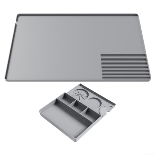 DAZZLEEX Silikon-Matte für Kaffeemaschinen mit abnehmbarer Stopfmatte, 60 x 40 cm, hitzebeständig, rutschfester Arbeitsplattenschutz mit speziellem Ablaufbereich für Espresso und Küchengeräte (grau) von DAZZLEEX