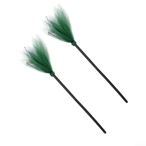 Halloween Hexenbesen 2er Set mit Netzschwanz für Kostümzubehör und Mottoparty Gebrauch (Grüner Besenstiel) von DAZZLEEX