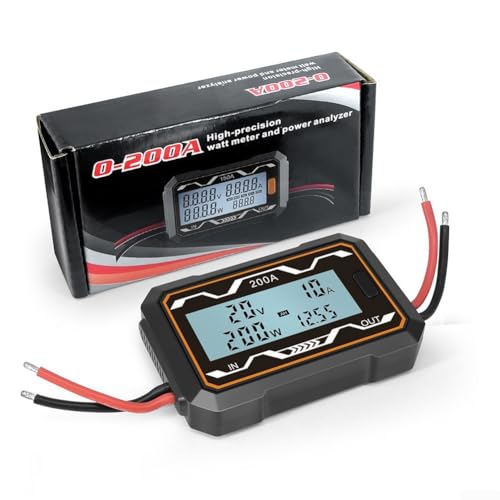 RC200A Batterietester Leistungsmesser mit Hintergrundbeleuchtung für Multi-Parameter-Messung einschließlich Spannung, Strom, Watt und Amperestunden in Solar- und Industrieanlagen (200A) von DAZZLEEX