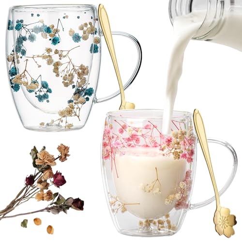 DAZZTIME Doppelwandige Gläser,2 Stück 350ml Blumen Doppelschicht Glasbecher,Doppelwandige Kaffeegläser,Thermogläser Doppelwandig,Trockenblumen-Doppelglas,für Tee,Eis,Eistee,Iced Americano von DAZZTIME