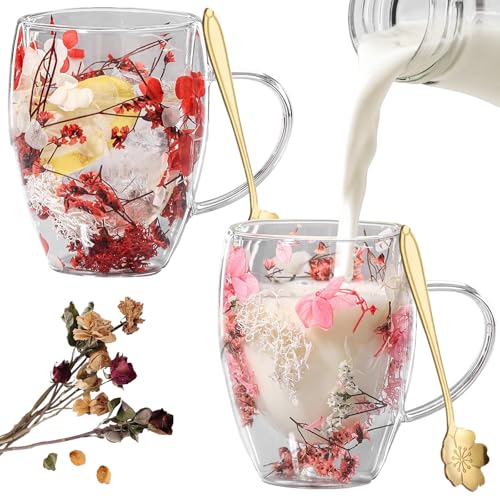 DAZZTIME Doppelwandige Gläser,2 Stück 350ml Blumen Doppelschicht Glasbecher,Doppelwandige Kaffeegläser,Thermogläser Doppelwandig,Trockenblumen-Doppelglas,für Tee,Eis,Eistee,Iced Americano von DAZZTIME