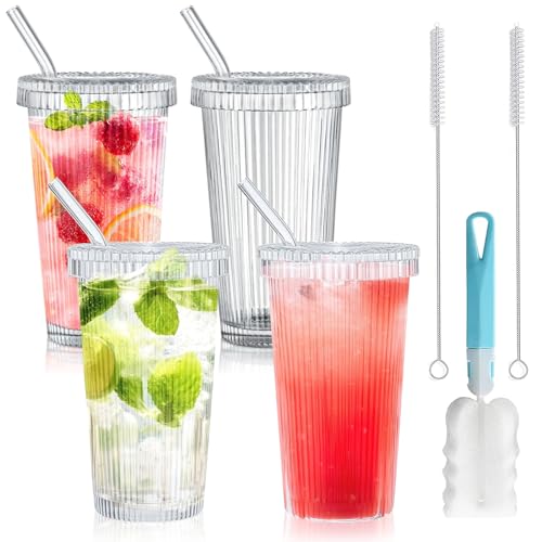 DAZZTIME Glasbecher mit Deckel und Strohhalm,4 Stück Geriffelte Gläser Set,375ML Eiskaffee Gläser,Bubble Tea Becher,Transparente gestreifte Glas-Wasserbecher,für Milchshakes,Säfte,Smoothies von DAZZTIME