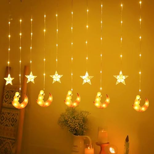 DAZZTIME Ramadan Lichterkette,100 LED Ramadan Licht Stern Mond Lichterketten,Stern Mond Lichterketten 3m,Lichterkette Batterie,Mit 8 Blinkenden Modi,Fernbedienung,für Ramadan,Party,Fenster. von DAZZTIME