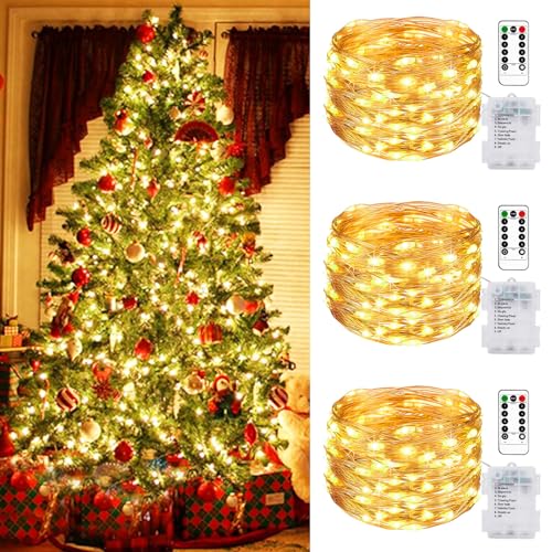 LED Lichterkette,3 Stück 10m LED Lichterkette aus Kupferdraht,100er LED,Lichterkette Außen Batterie,Lichterkette Batterie,für Party, Weihnachten, Halloween, Hochzeit Deko,Warmweiß. von DAZZTIME