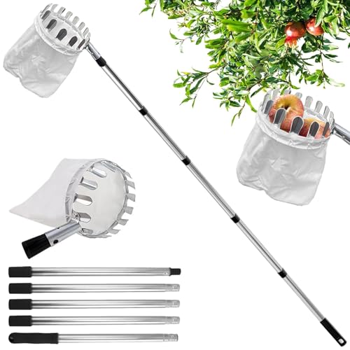 Obstpflücker Diameter 16 cm,2.1M Apfelpflücker, Kirschenpflücker mit Leichter Edelstahl Teleskoppfahl und Baumwollbeutel,Für Die Ernteernte Apfel-Zitrus-Birnen-Pfirsich Usw von DAZZTIME