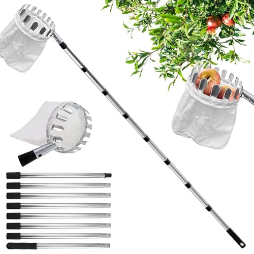 Obstpflücker Diameter 16 cm,3.2M Apfelpflücker, Kirschenpflücker mit Leichter Edelstahl Teleskoppfahl und Baumwollbeutel,Für Die Ernteernte Apfel-Zitrus-Birnen-Pfirsich Usw von DAZZTIME