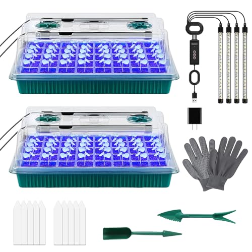 Zimmergewächshaus Anzuchtkasten,2 Stück 80 Zellen Setzling Starter Tabletts,Starter Tabletts mit Wachstumslicht,mit Pflanzenlampe,Handschuhe,Etiketten,Kleine Gartengeräte,für Sämling Pflanze. von DAZZTIME