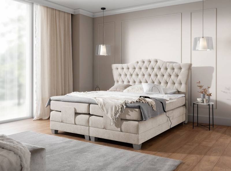 DB-Möbel Boxspringbett Schlafzimmerbett "FAUSTINO" Elektrisch in Stoff Wind (inkl. Viscoschaumtopper), Matratzen elektrisch verstellbar) von DB-Möbel