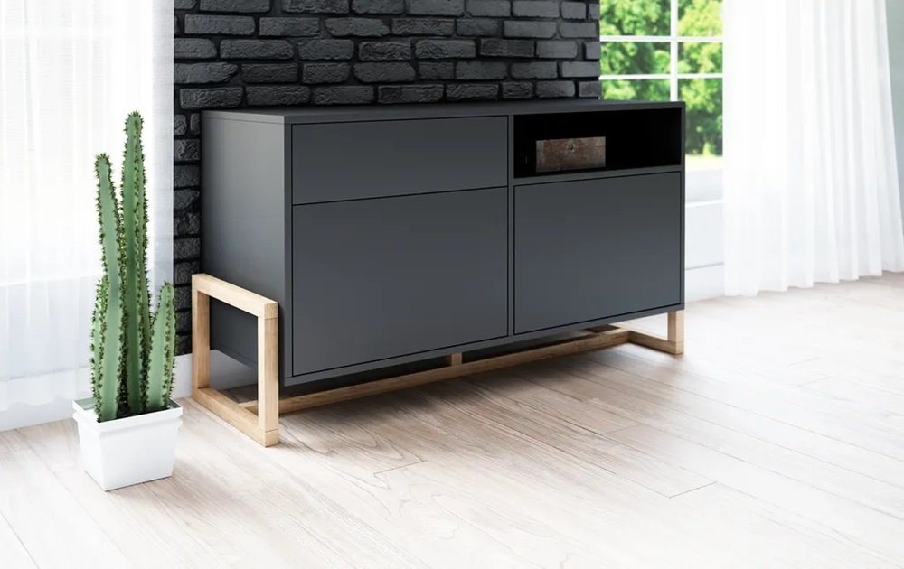 DB-Möbel Kommode Copenchagen mit 2 Türen 1 Schublade in Schwarz mat Sideboard Schrank von DB-Möbel