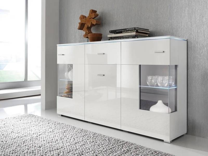DB-Möbel Kommode Kommode VICKY in glanz Weiß Glamour Sideboard 150x91cm Schrank + LED von DB-Möbel
