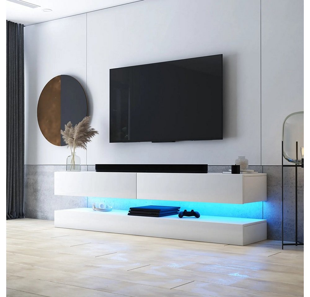 DB-Möbel Lowboard TV-Schrank in Weiß Matt/Weiß Hochglanz mit LED-Beleuchtung 140cm von DB-Möbel
