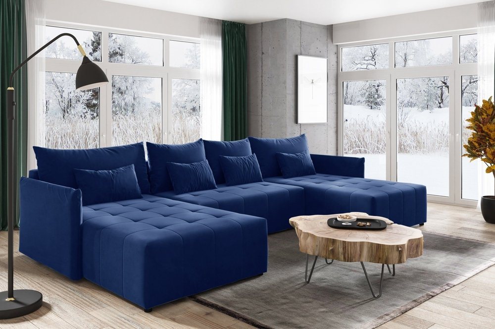 DB-Möbel Wohnlandschaft Basic-U" in Blau, mit Schlaffunktion und Bettkasten U-Form Couch." von DB-Möbel