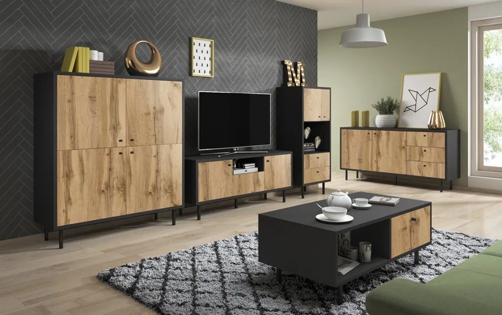 DB-Möbel Wohnzimmer-Set Salon Möbelset Bose in matt Eiche und Schwarz 5-teilig von DB-Möbel