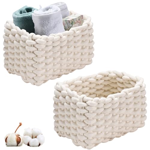 Aufbewahrungskorb, 2 Stück Baumwollseil Geflochten, 19x15x12cm Geflochten Baumwolle Strickkorb, Cotton Rope Braided Storage Basket, Aufbewahrungskorb Geflochten, für Schminke, Schmuck, Socken(Weiß) von DBAATTZ